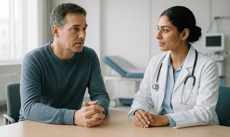 Doctor consulting with a male patient in a hospital room.
