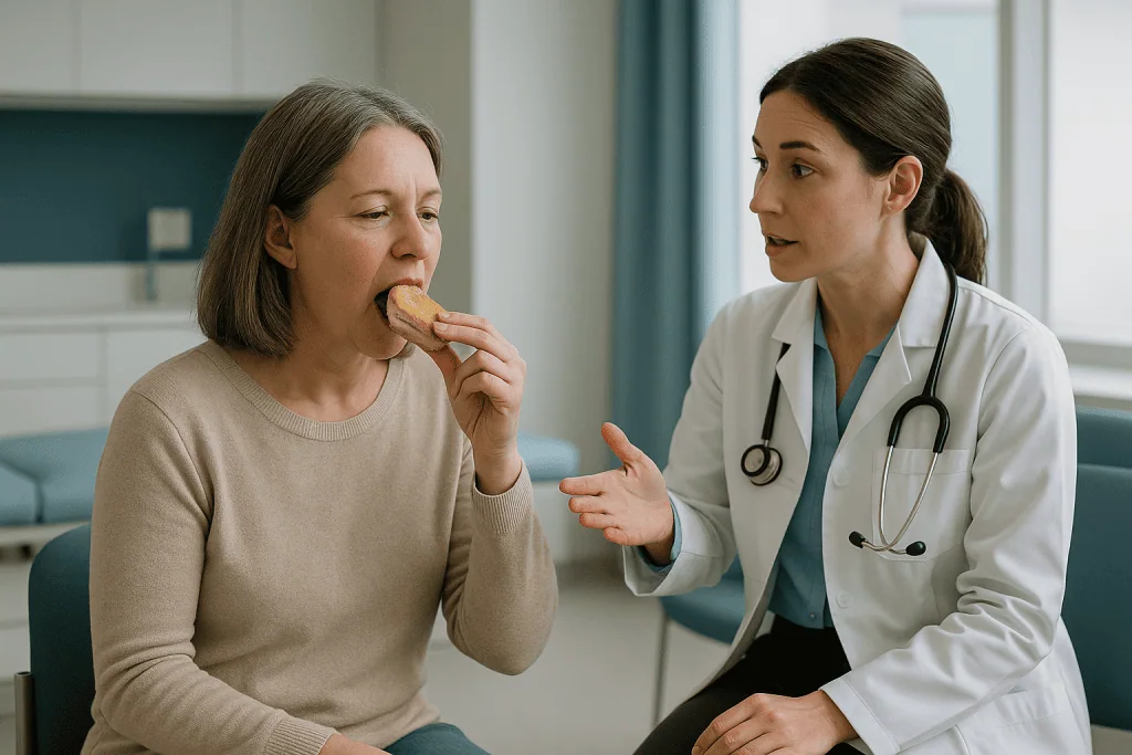 Doctor consulting patient eating cookie in clinical setting: How the jaw movement examination works, step by step