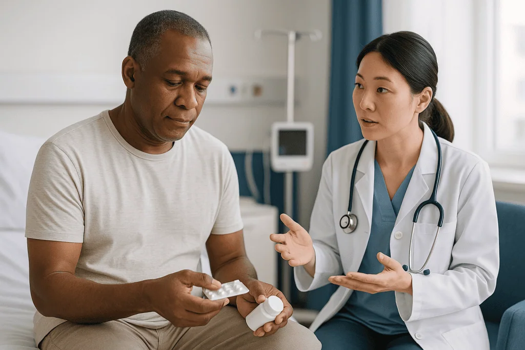 Doctor consulting patient about medications in clinic: How the liver handles medicines, and what hepatitis B changes