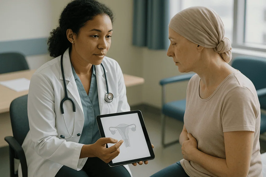Female doctor consulting patient about reproductive system diagram — How the main treatments actually work