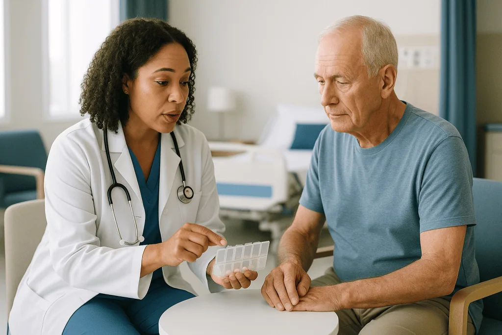 Doctor consulting with older male patient about medication: How the main treatments work in plain language