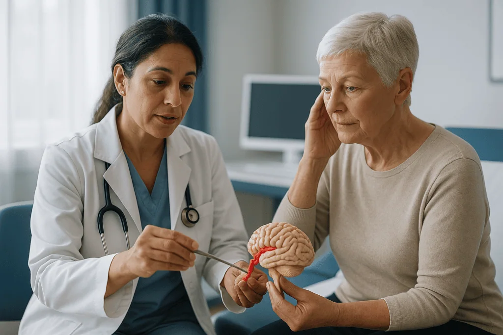 Doctor consulting senior patient with brain model: How the microvascular decompression procedure actually works
