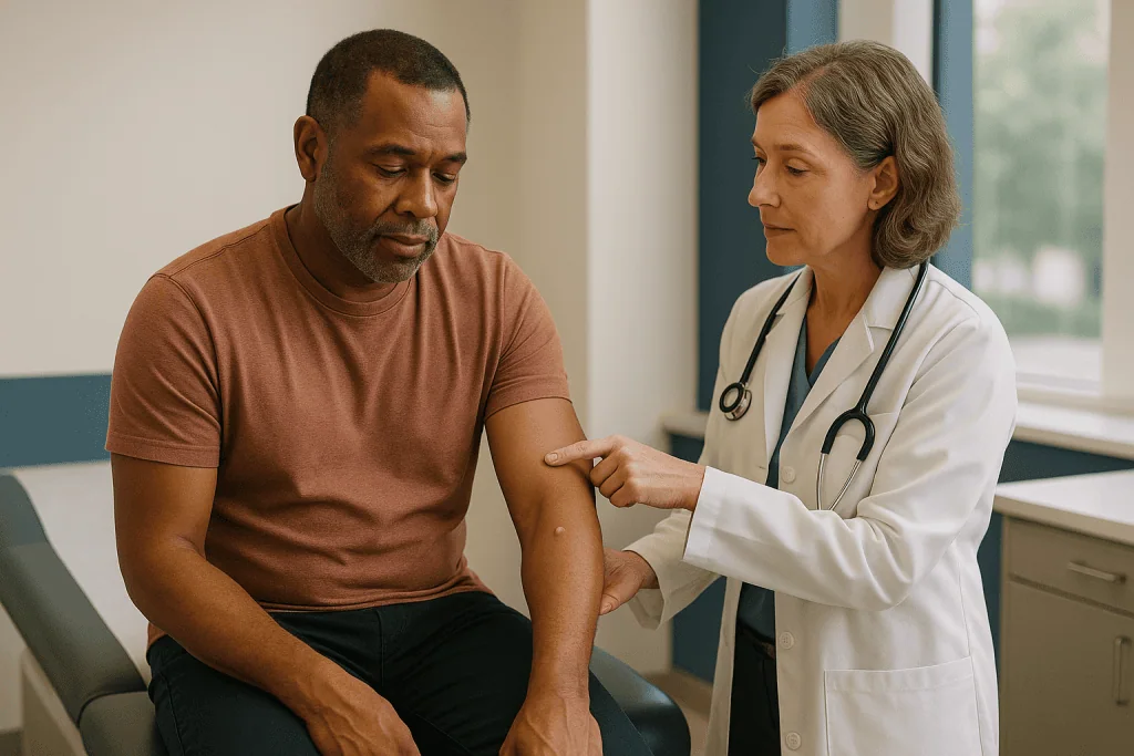 Doctor examining patient's arm skin lesion: How the molluscum virus works in the skin