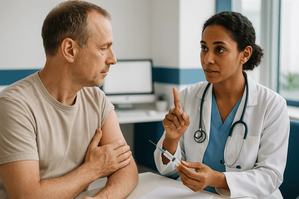 Doctor discussing vaccination with male patient: How the mpox vaccine works inside the body