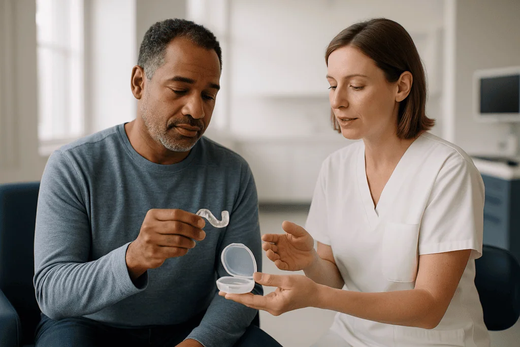 Healthcare provider explaining dental device to male patient: How the night guard fitting appointment works, step by step