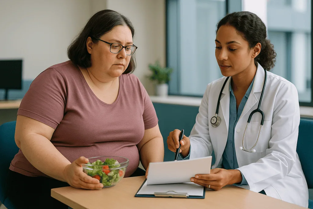 Doctor consulting patient about diet and weight management: How the obesity and type 2 diabetes treatment plan is built: tar