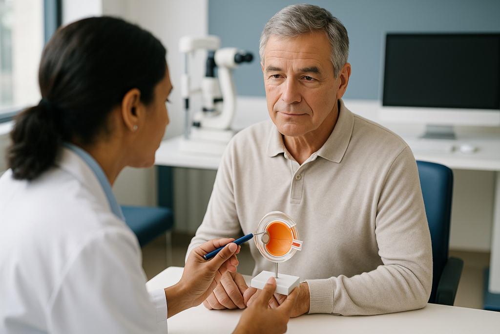 Ophthalmologist consulting senior male patient about eye model: How the operation works, step by step