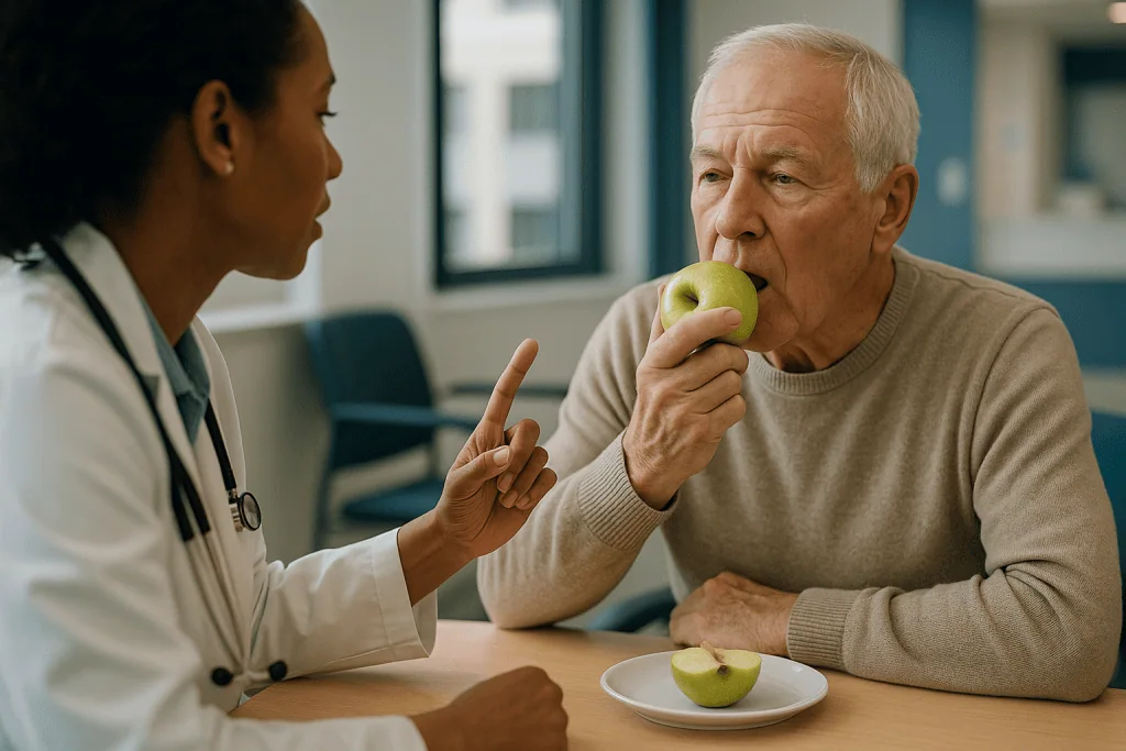 Doctor counseling older patient about healthy eating with apple: How the parathyroid glands work, in plain language