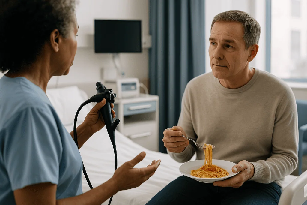 Doctor examining patient with stethoscope while eating pasta: How the POEM procedure for achalasia actually happens