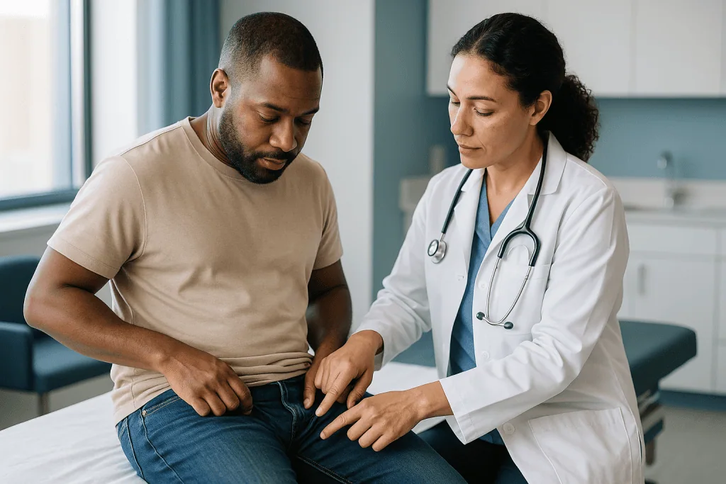 Doctor examining patient's knee or leg injury: How the procedure works: what actually happens to the skin