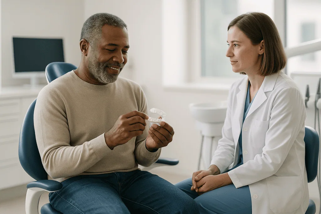 Doctor consulting patient holding small dental model: How the process works: what actually happens at each visit