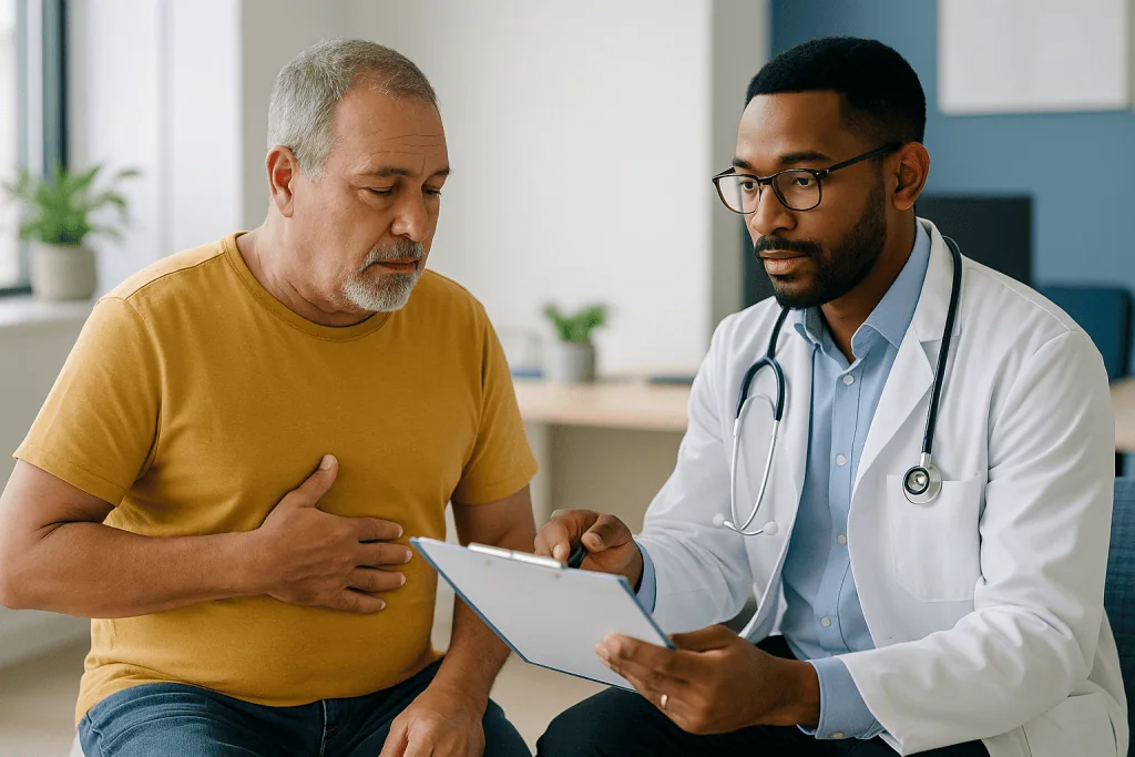 Doctor consulting with middle-aged patient in clinic: How the referral decision actually works in a family doctor's office