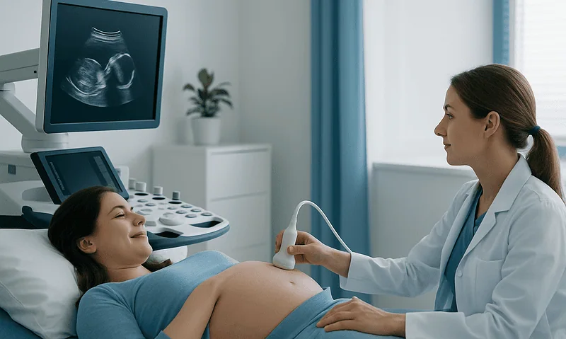Pregnant woman having ultrasound scan at a hospital.