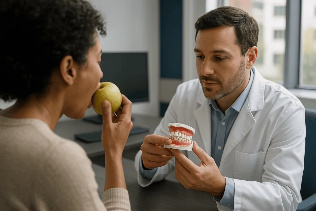 Dentist showing teeth model to patient with apple: How the resin is blended with natural teeth