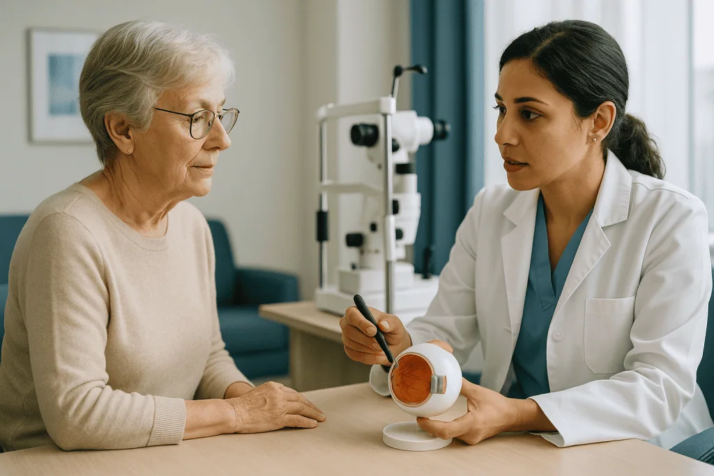 Ophthalmologist consulting senior patient with eye model: How the retina team decides on macular disease treatment