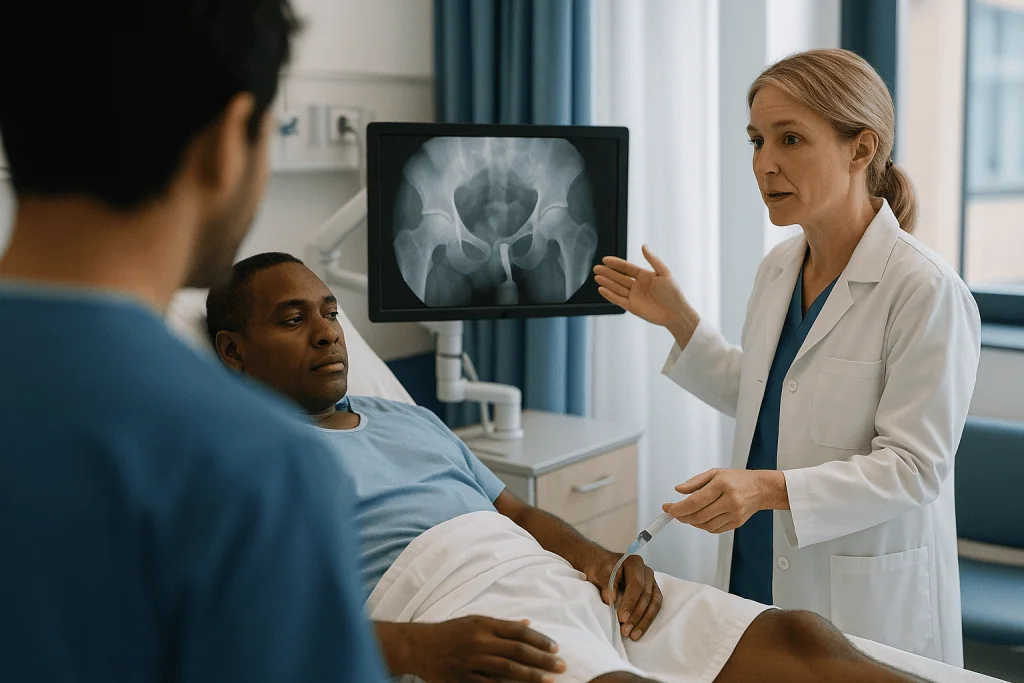 Doctor discussing pelvic X-ray with male patient — How the retrograde urethrogram procedure actually happens, step by step