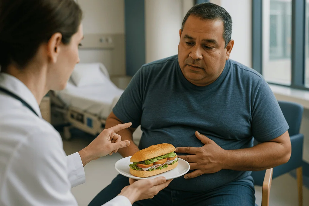 Doctor discussing sandwich with overweight patient: How the sleeve works, and why its stapled edge is under pressure