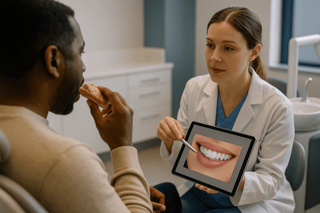 Dentist showing patient smile design on tablet: How the smile makeover planning process works, step by step