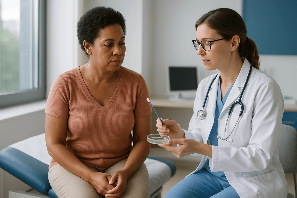 Female doctor consulting patient in clinical office setting: How the tests actually work: pH, microscopy and swabs