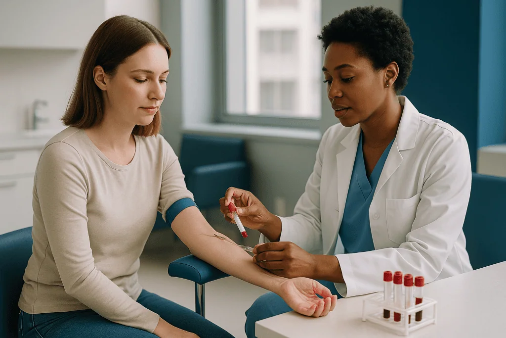 Healthcare provider collecting blood sample from patient: How the thyroid stimulating immunoglobulin test works, from arm to