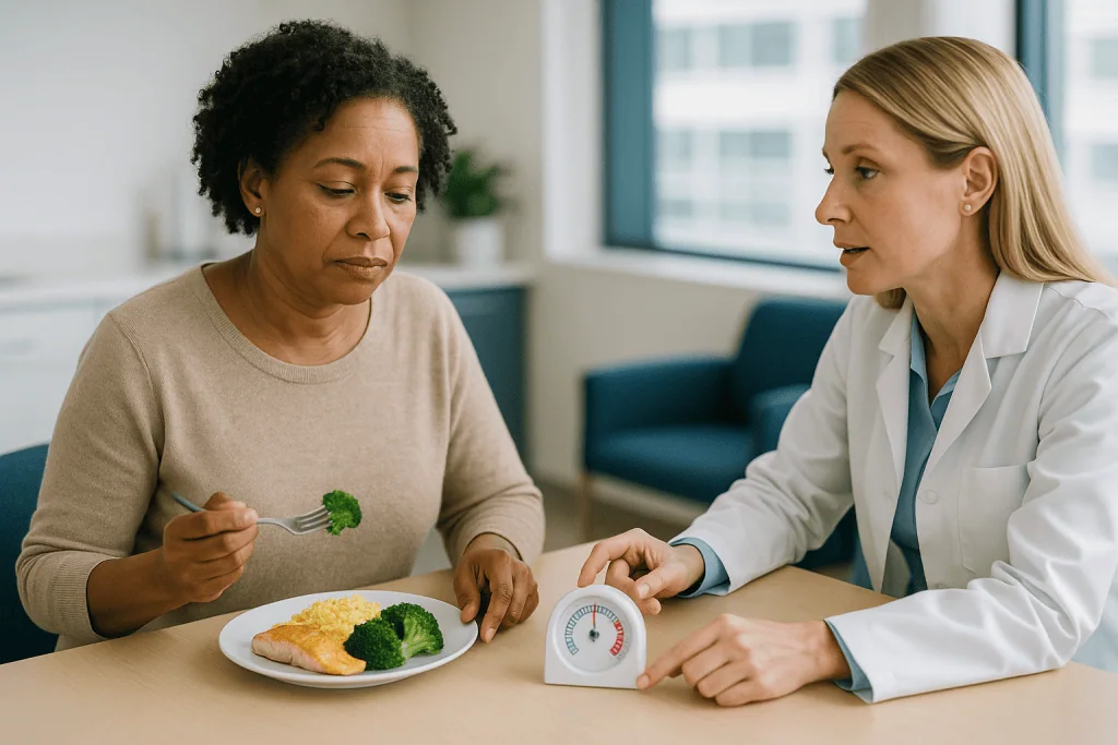 Doctor counseling patient about nutrition and weight management: How the thyroid thermostat works, and why it is easy to ove