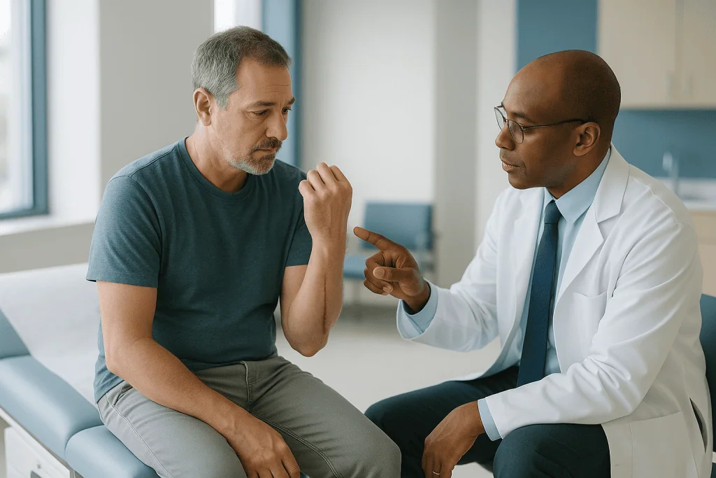Doctor consulting with male patient in clinical setting: How the tumor is removed: margins, planes and why the biopsy scar m