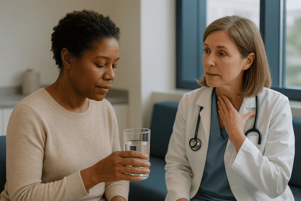 Doctor consulting patient in clinical office setting: How the vocal folds heal, and why vibration matters