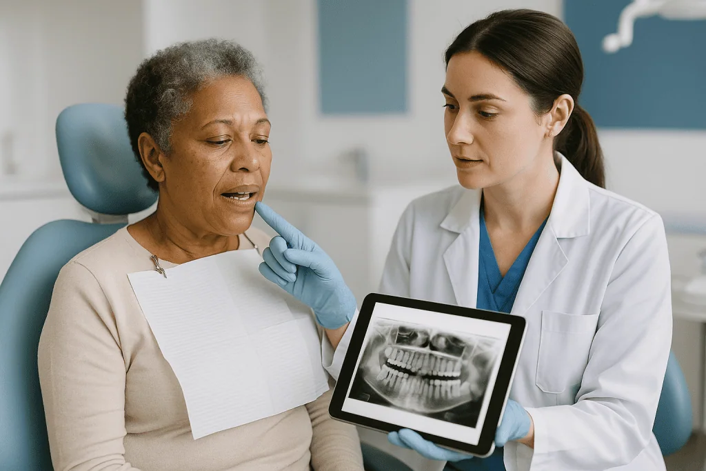 Dentist showing patient dental X-ray on tablet: How the zirconium crown procedure works from first X-ray to final bite check