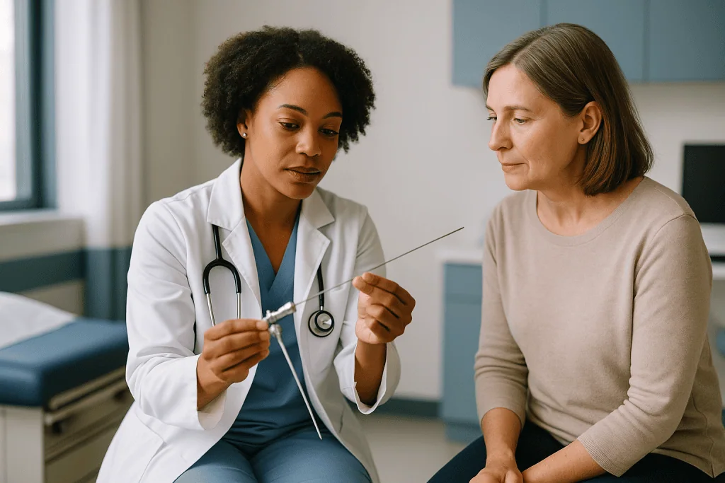 Female doctor consulting adult female patient in clinic: How thin is the scope, really?
