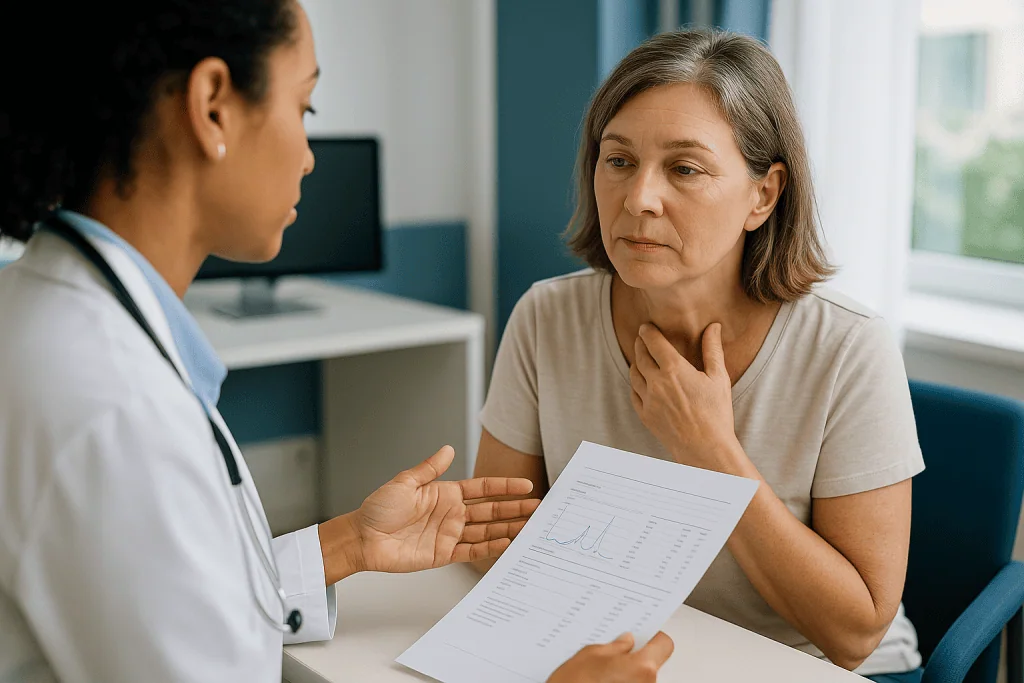 Doctor consulting with middle-aged female patient indoors: How thyroid testing works, and what the numbers can and cannot te