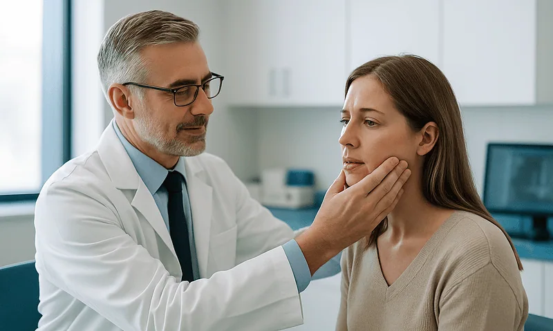 Doctor examining a woman's jaw in a clinical setting.