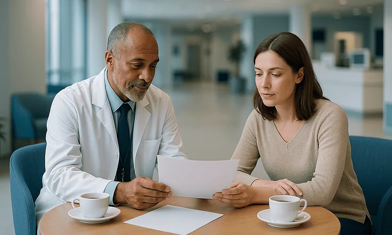 Doctor consulting with a patient in a modern hospital lounge.