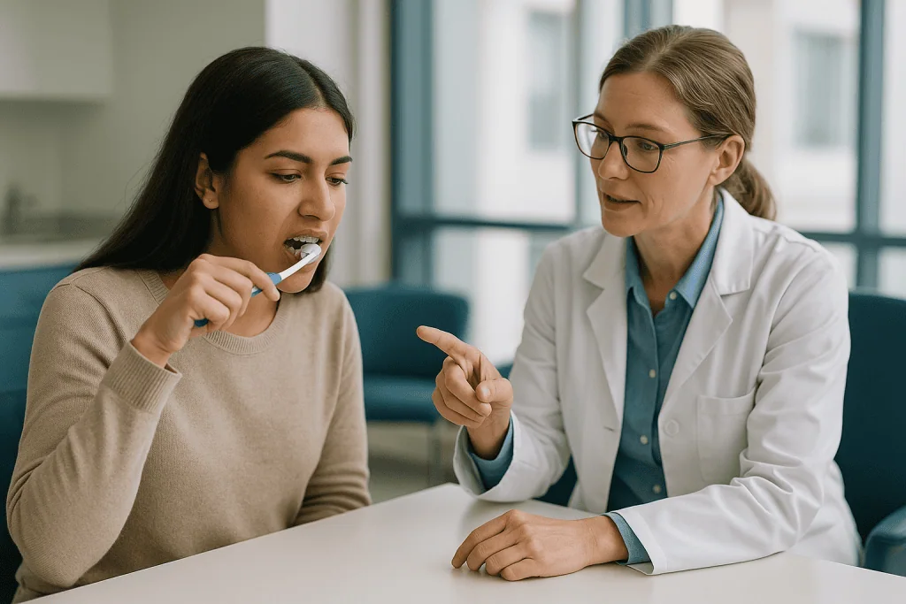 Dentist or healthcare provider consulting with female patient: How to brush with braces: the two-angle method