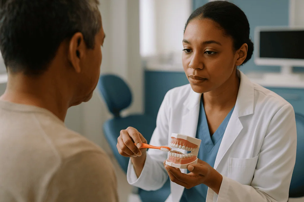 Dentist demonstrating proper brushing technique on tooth model: How to brush zirconia crowns without wearing down the gum li