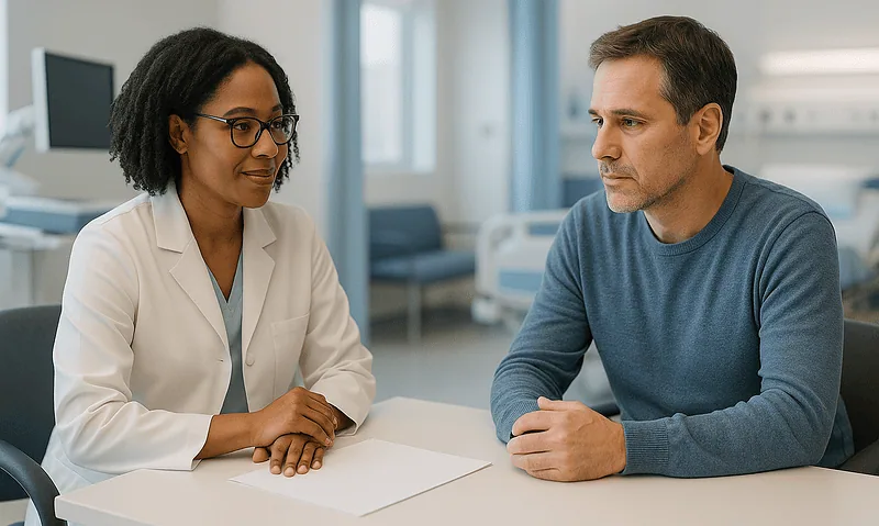 Doctor consulting with patient in a hospital setting.
