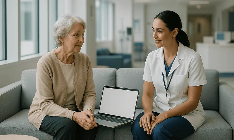 Doctor consulting with elderly patient in hospital lounge.