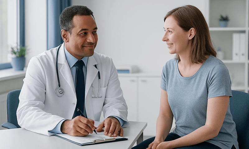 Doctor consulting with a female patient in a modern clinic setting.