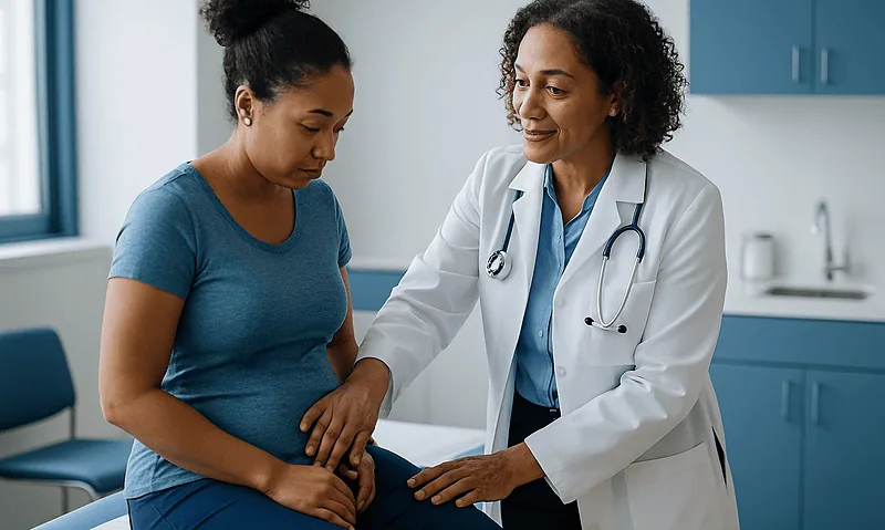 Doctor examining pregnant woman in a medical consultation room.