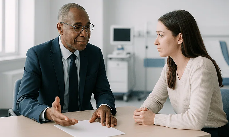 Medical consultation between a doctor and a patient in a clinical setting.