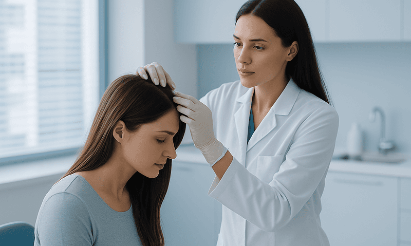 Doctor examining patient's scalp in a clinical setting at Acibadem Hospitals Group.