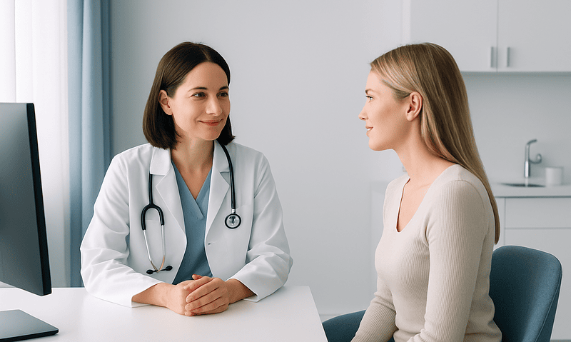 Doctor consulting with a patient in a modern clinic setting.
