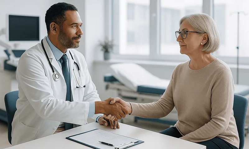 Doctor and elderly patient shaking hands in a hospital consultation room.