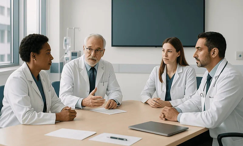 Medical team discussing treatment options in a modern hospital conference room.