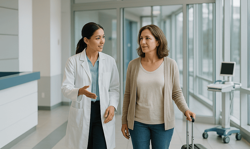 Doctor and patient walking in hospital corridor with luggage.