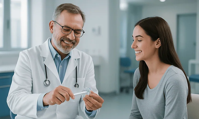 Dentist showing retainer cleaning to a smiling patient in clinic.