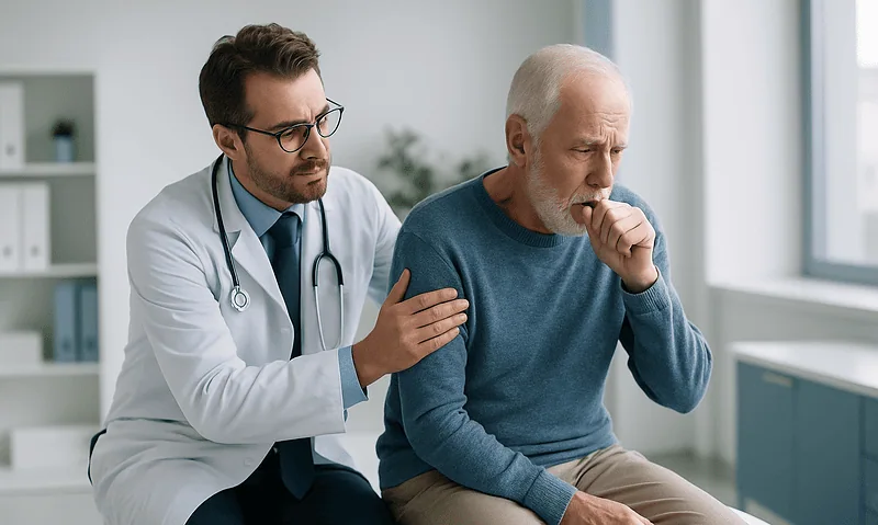 Doctor examining elderly patient with cough in a medical clinic.