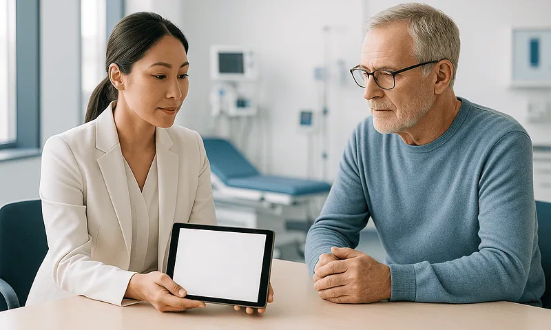 Doctor explaining medical options to an elderly patient in a hospital setting.