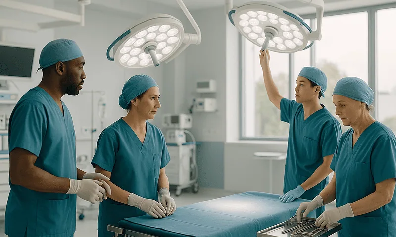 Medical team preparing operating room with surgical lights in hospital.