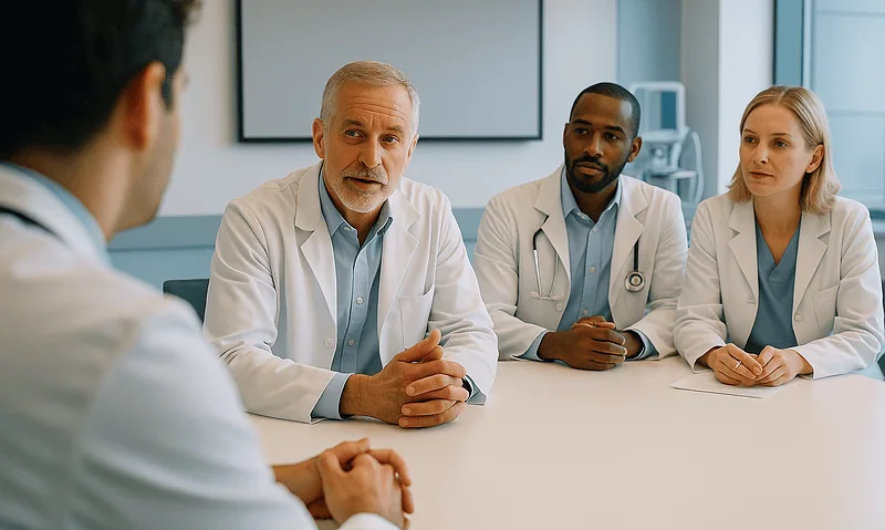 Medical team discussing patient care in a hospital conference room.