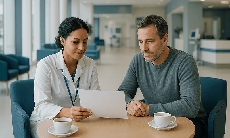 Doctor consulting with patient in a modern hospital lounge.